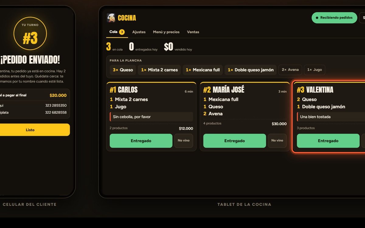 Sistema de pedidos por QR de Arepas al Carbón: el celular del cliente y la tablet de la cocina